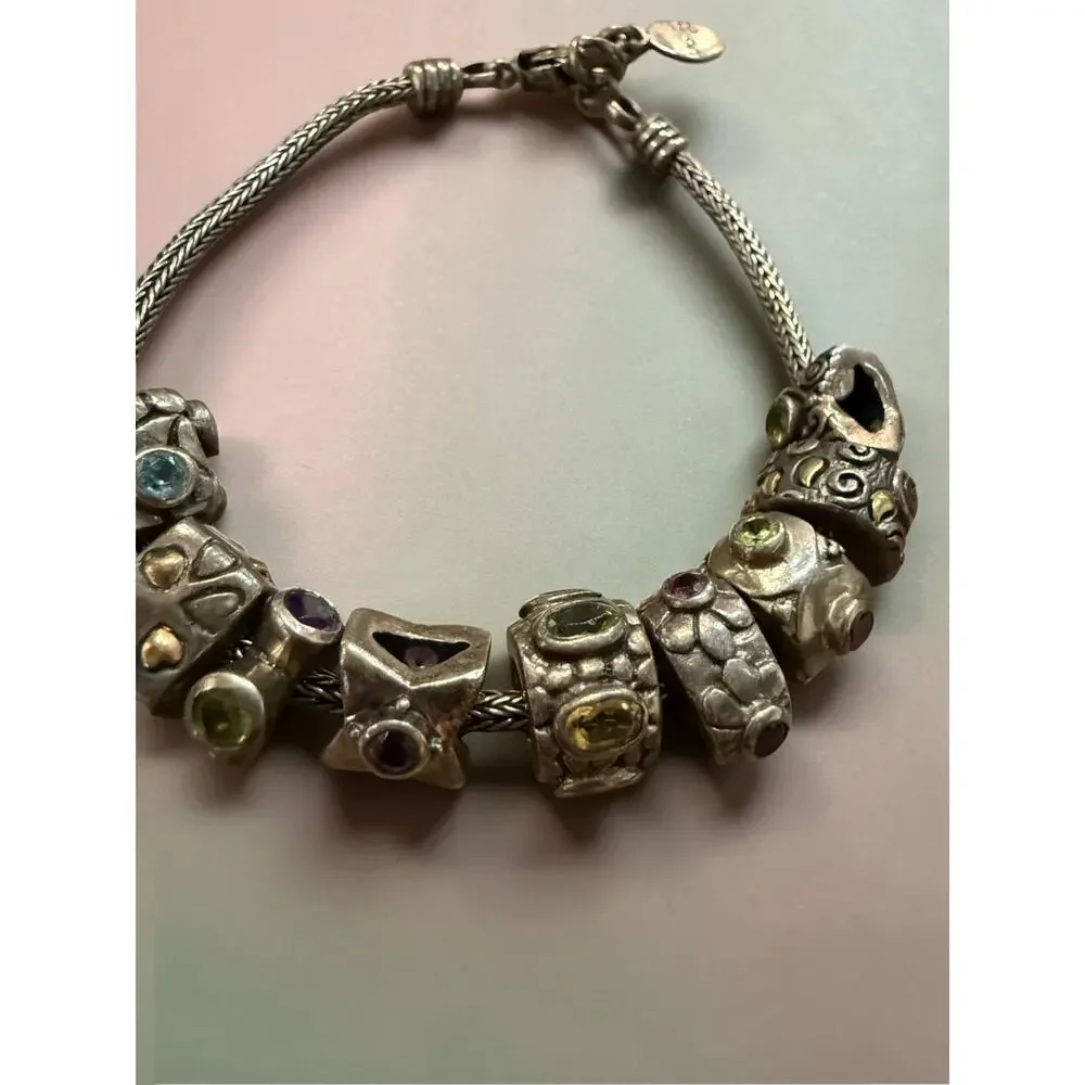 Samuel B 925 Sterling Silver Wheat Chain Gemstone Charm Bracelet Boho 9